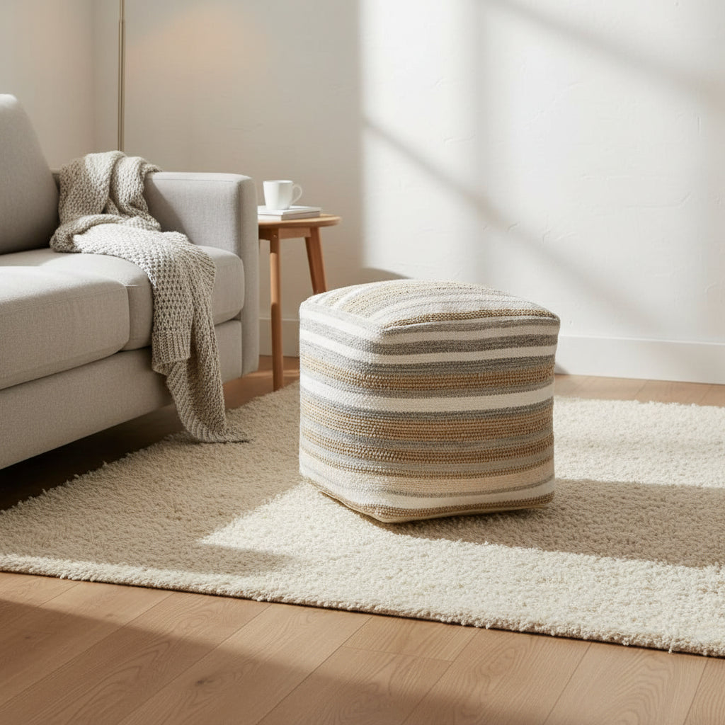 Aahana Multi-Colored Striped Hemp and Cotton Square Pouf