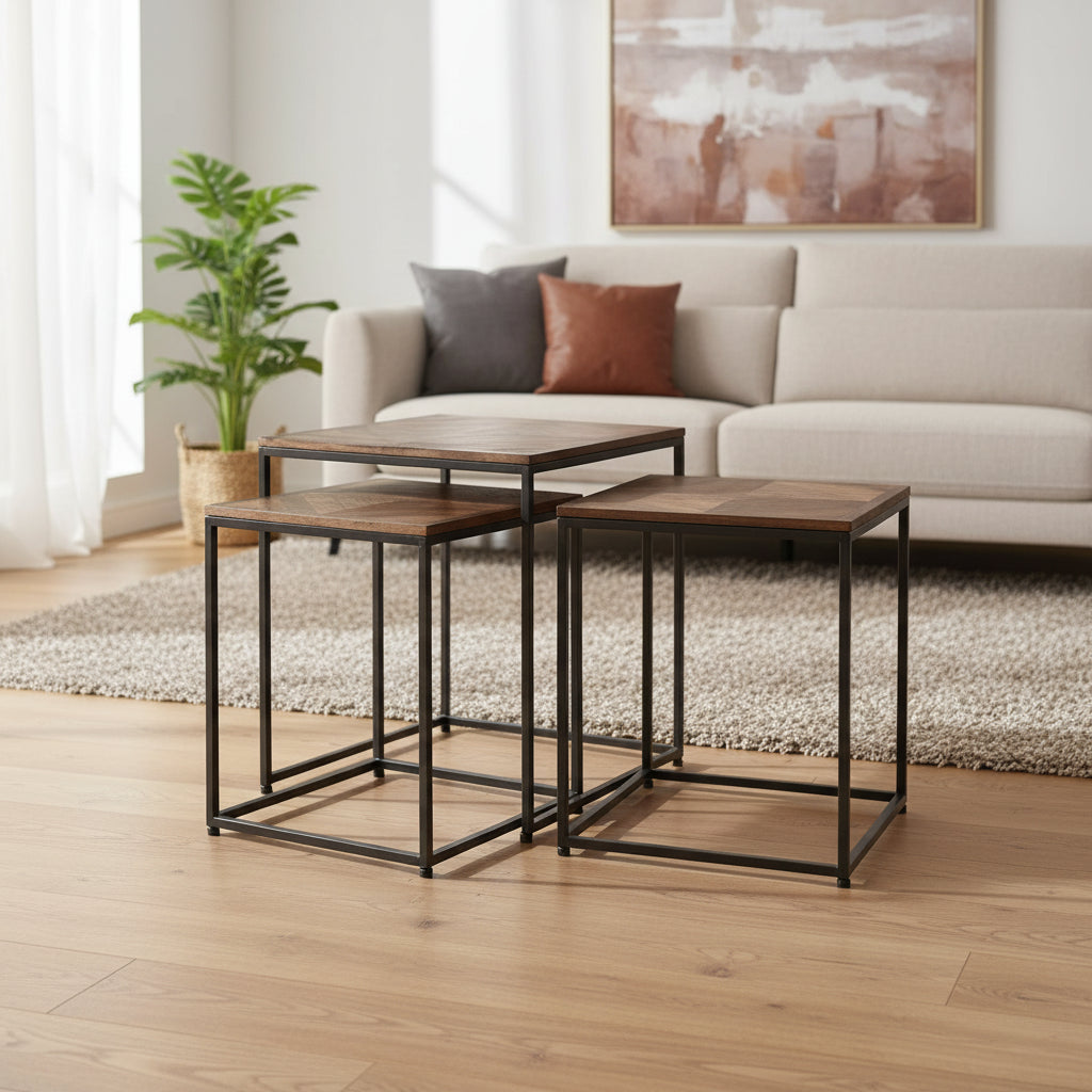 Logan - Set Of Three Nested Side Tables - Dark Wood Finish On Top - Black Iron Frame