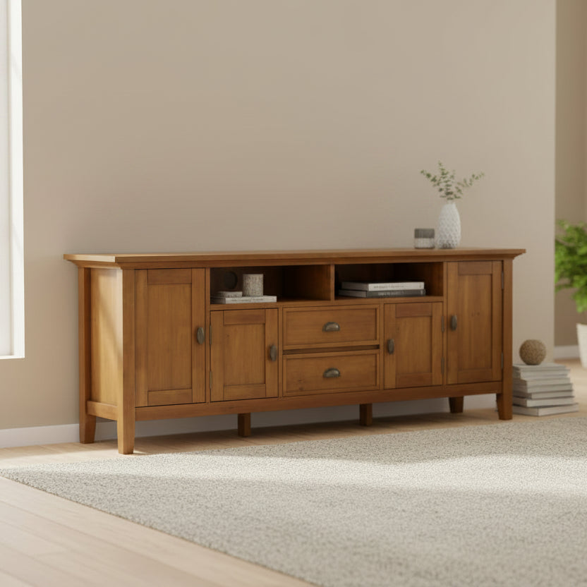 Meuble TV en bois massif de 183 cm de large pour téléviseurs jusqu'à 80 pouces - 183 L x 42 P x 66 H cm