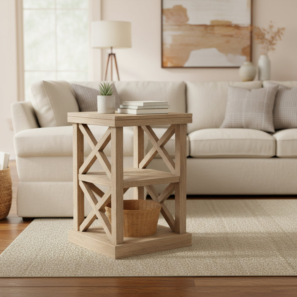 Distressed Natural Mindi Wood Cross Frame End Table by East at Main