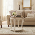 Round Wooden End Table with Open Bottom Shelf, Brown and Antique White