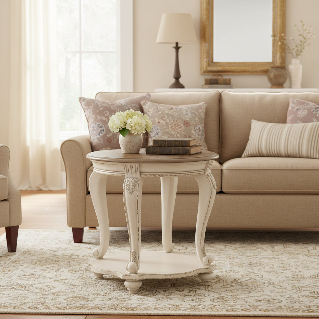 Round Wooden End Table with Open Bottom Shelf, Brown and Antique White